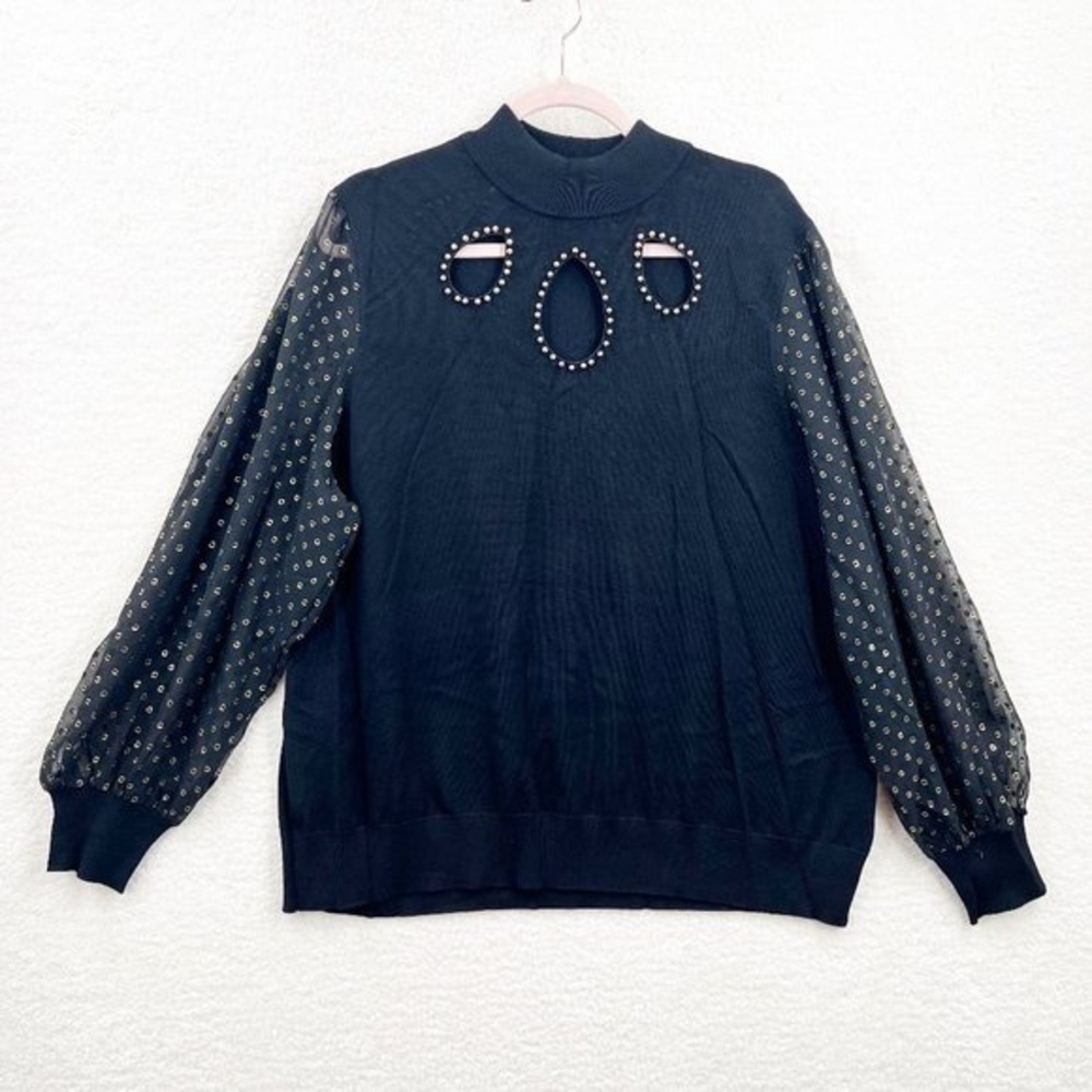 Belldini chiffon dotted sleeve Embelished Keyhole Sweater Black Gold Size 3X
